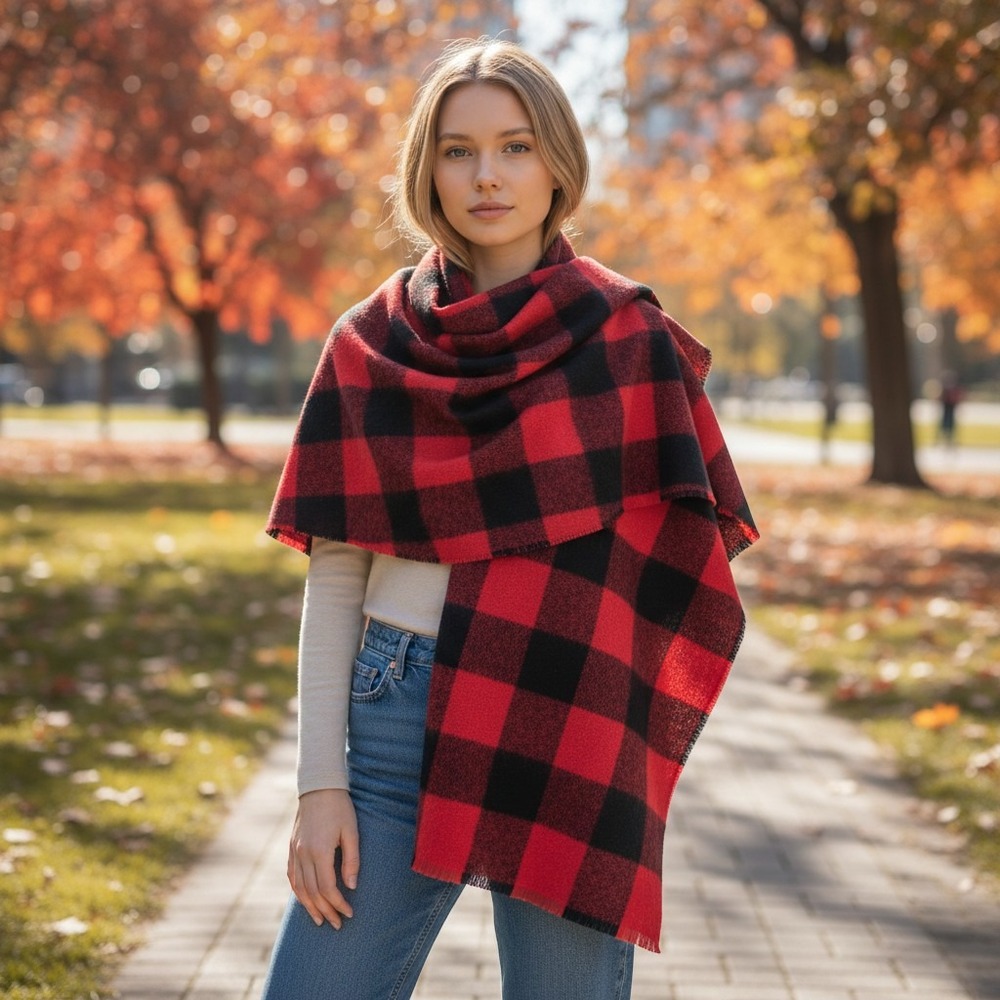 Sociology Women's Plaid Poncho One Size NWT Red Black Open Front Wrap Shawl Cape